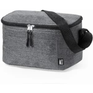 A grey insulated lunch bag with a zip closure and an adjustable strap. It features a small branding tag.