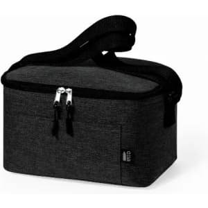 A drink bottle cooler bag in grey with a zip closure and a black carry strap. It includes a side pocket.