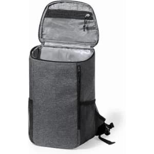 A grey insulated backpack cooler with a zippered top and adjustable straps, featuring side pockets.