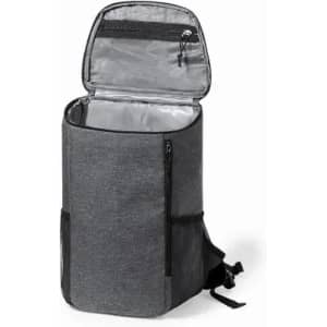 A grey insulated backpack with a zippered opening and adjustable straps, featuring multiple pockets for storage.