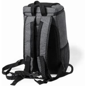 A grey backpack with padded straps and a structured body, designed for carrying items comfortably.