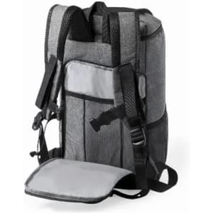 A grey backpack with adjustable straps and a front pocket, featuring a sleek design and insulated compartment.