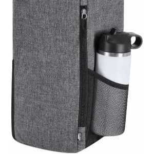 A grey cooler bag with a side pocket containing a white drink bottle with a black lid. The bag has a zipper.