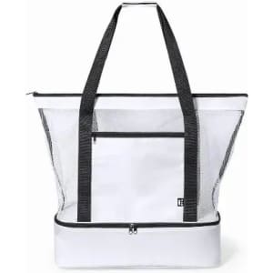 A tote bag with a white mesh design, black trim, and two sturdy handles. It features a front zip pocket.