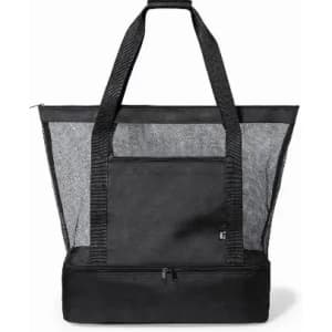 A tote bag featuring a black mesh design with sturdy handles and a zippered compartment at the bottom.