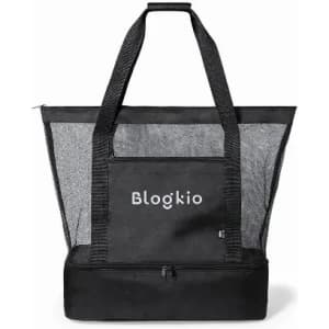A black tote bag with mesh sides and a zippered bottom compartment. Features branding on the front.