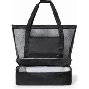 A black tote bag with mesh sides and a padded compartment at the bottom, featuring two sturdy handles.