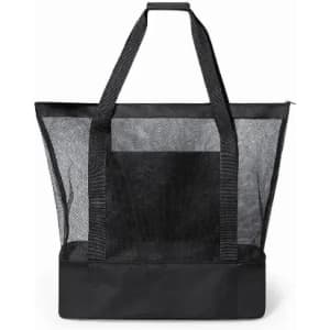 A black tote bag with a mesh design and sturdy handles, ideal for storage and transport.