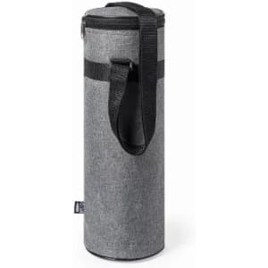 A drink bottle carrier in grey fabric with a zip closure and a shoulder strap for easy transport.