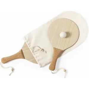 A set of wooden paddle bats with golden handles, a white ball, and a fabric carrying pouch.