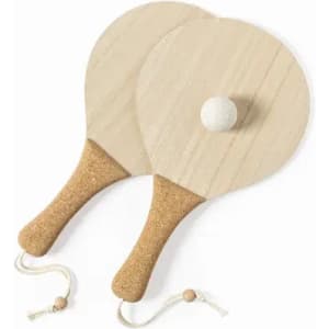 A set of two wooden paddle rackets with cork handles and a small white ball, featuring a natural finish.