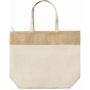 A tote bag featuring a cream lower section and a natural textured upper section, complete with two handles.