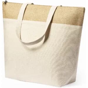 A tote bag with a natural jute upper section and a cream lower section, featuring sturdy handles for carrying.
