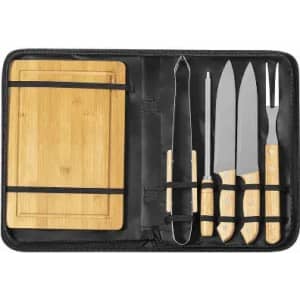 A barbecue tool set featuring stainless steel knives, a fork, and a bamboo cutting board in a black case.