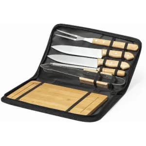 A knife set featuring four stainless steel knives with wooden handles, housed in a black zippered case alongside a bamboo cutting board.