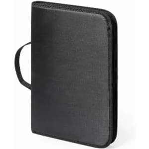 A black zippered binder with a textured finish and a handle. It features a simple design and is unbranded.