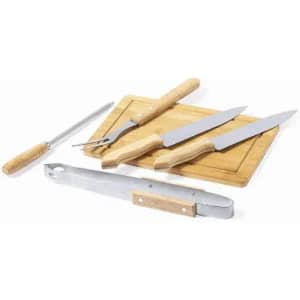 A barbecue tool set featuring a wooden board, stainless steel tongs, and various knives with wooden handles.