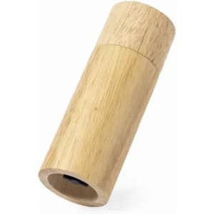 A drink bottle with a natural wood finish, featuring a cylindrical shape and a logo.