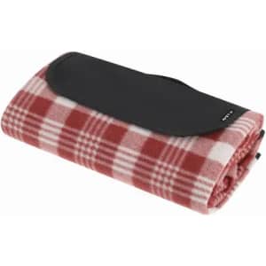 A red and white checked picnic rug, folded with a black leather strap for easy carrying. It features a smooth surface.