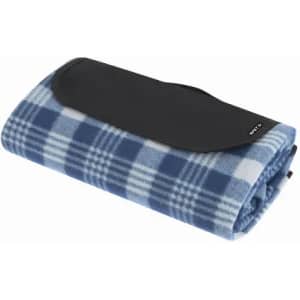 A folded picnic rug in blue and white checkered pattern, featuring a black strap for secure carrying.