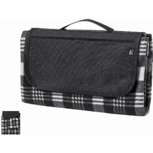 A picnic blanket featuring a black and white plaid design, with a carry handle and a foldable structure.
