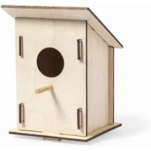 A birdhouse made of natural wood with a circular entrance hole and a sloped roof, featuring metal hinges.