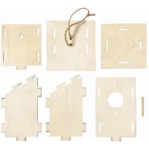 A set of wooden craft pieces, including various shapes and a string, all in natural wood colour.