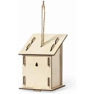 A wooden birdhouse with a slanted roof, featuring a hanging loop, in a natural finish. It has a keyhole entry.
