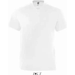A white men's V-neck T-shirt made from 100% semi-combed ring spun cotton, featuring a logo.
