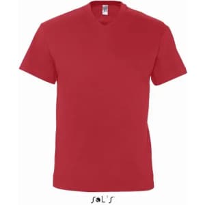 A red men's V-neck T-shirt made from 100% semi-combed ring spun cotton, featuring a logo.