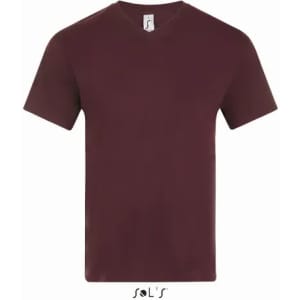 A burgundy men's V-neck T-shirt made of 100% semi-combed ring spun cotton, featuring a logo on the tag.