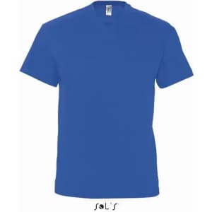 A blue men's V-neck T-shirt made from 100% semi-combed ring spun cotton, featuring a logo.
