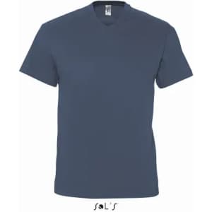 A navy blue men's V-neck T-shirt made from 100% semi-combed ring-spun cotton, featuring a logo.