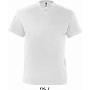 A white men's V-neck T-shirt made from 100% semi-combed ring-spun cotton, featuring a logo.
