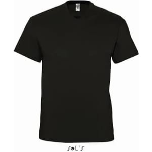 A black men's V-neck T-shirt made from 100% semi-combed ring spun cotton, featuring a logo.