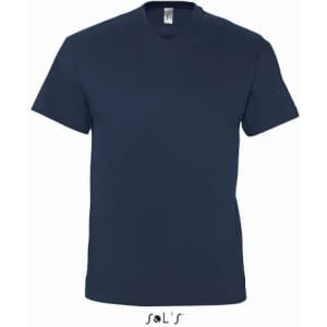 A men's navy blue V-neck T-shirt made from 100% semi combed ring spun cotton, featuring a logo.