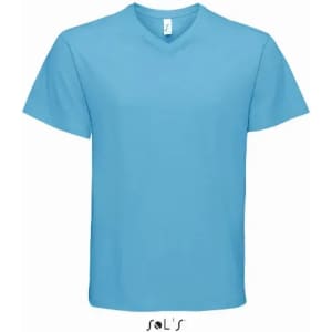 A light blue men's V-neck T-shirt made from 100% semi combed ring spun cotton, featuring a logo.