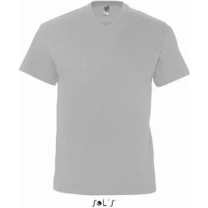A grey men's V-neck T-shirt made from 100% semi combed ring spun cotton, featuring a logo.