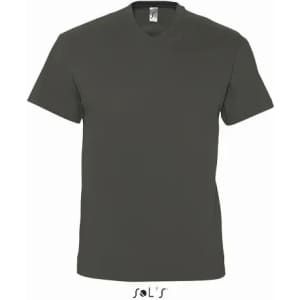 A dark grey men's V-neck T-shirt made from 100% semi-combed ring spun cotton, featuring a logo.