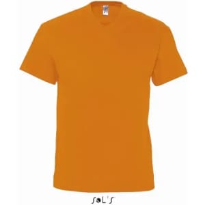 An orange men's V-neck t-shirt made from 100% semi combed ring spun cotton, featuring a logo.