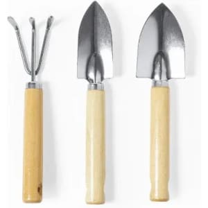 A gardening tool set featuring three metal tools with wooden handles: a cultivator, trowel, and transplanter.