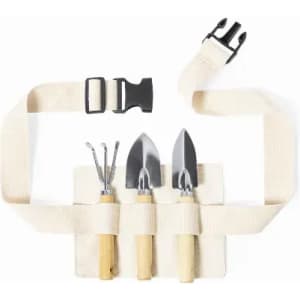 A gardening tool set featuring three metal trowels with wooden handles and a beige webbed belt for easy carrying.