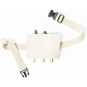 A multi-pocket belt in neutral colour with three compartments and adjustable strap. Features a buckle closure.