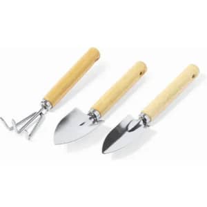 A set of three gardening tools with metal heads and wooden handles, including a rake, trowel, and transplanter.
