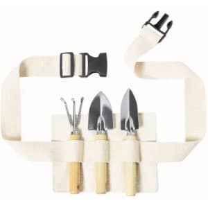 A gardening tool set featuring three metal tools with wooden handles, secured in a canvas holder with a strap.
