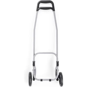 A hand cart with a grey frame, black handle, and two wheels, designed for transporting items.