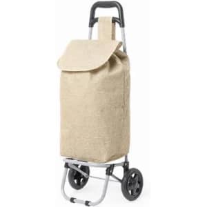 A foldable trolley with a beige fabric bag, featuring a flap cover and a sturdy metal frame with wheels.