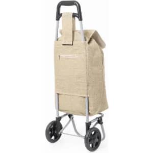 A wheeled shopping trolley with a beige fabric exterior and a zippered pocket on the back.