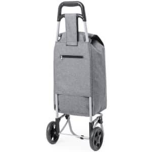 A grey shopping trolley with a handle and two wheels, featuring a zippered pocket on the back.