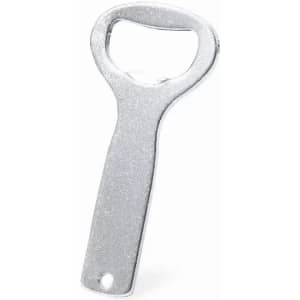 A bottle opener in a shiny silver finish with a classic handle design and a circular opening at the top.